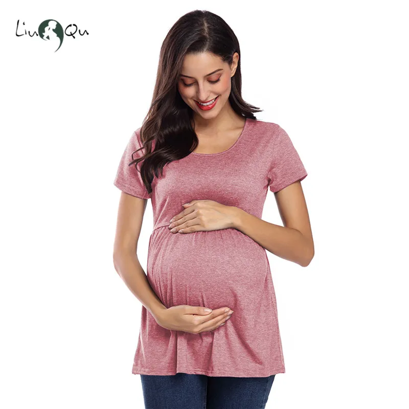 

Women Blouses Plus Size Short Sleeve Pregnant T Shirt Maternity Clothes Basic Tops Pleated High Waist Loose Pregnancy Shirts