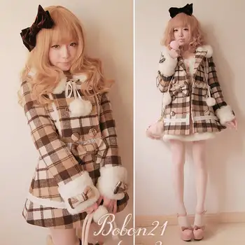 

Sweet lolita coat princess royal bobon 21 plaid bow rabbit fur ball fur collar woolen overcoat outerwear c0732