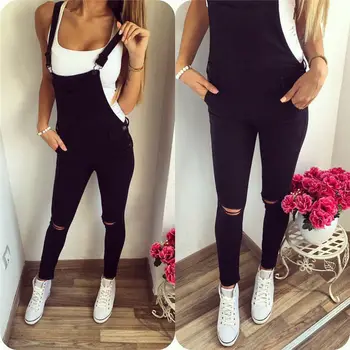 

Women Slim Denim BIB Pants Overalls Straps Jumpsuit Clubwear Summer Pocket Playsuit Bodycon Rompers Black Hole Slim Trousers