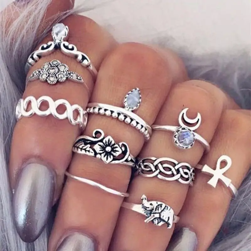 

10pcs/set Vintage Ethnic Bohemian BOHO Ring Hollow Geometric Moon Elephant Flower Punk Joint Ring Women Finger Jewelry Wholesale