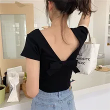 t-shirt women Clothes 2019Tshirt Women's Short Sleeve Sexy Backless Round Neck Solid Casual Back Bow Knitted T-Shirt t-shirt women Clothes 2019Tshirt Women's Short Sleeve Sexy Backless Round Neck Solid Casual Back Bow Knitted T-Shirt