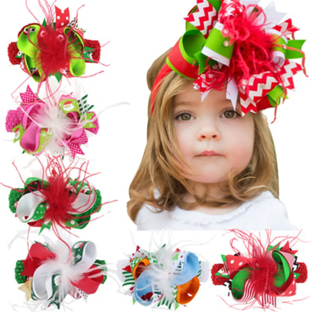 10pcs/lot, Ribbon hair bow with crochet headband ,Christmas bow with