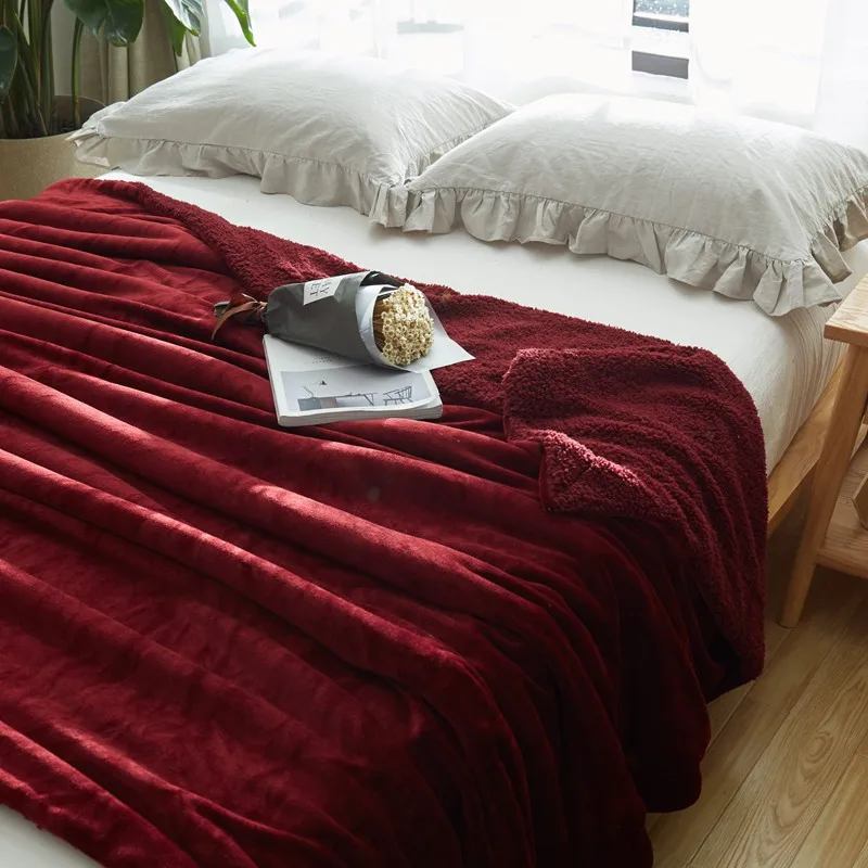 Red wine Solid color Brand 2 Layers Sherpa Blankets Christmas Gift Warm