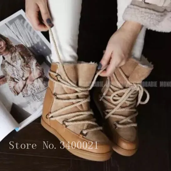

Hot Winter Warm Snow Women Boots With Fur Inside Brand Design Ankle Boots Flats Height Increasing Lace up Shoes Woman Sapatos De