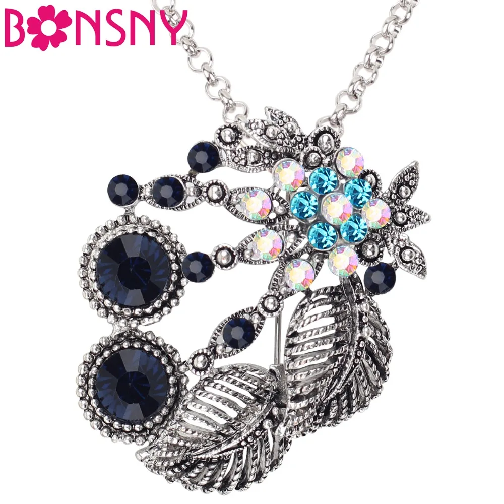 Bonsny Alloy Rhinestone Flower Leaf Necklace Pendant Choker Novelty