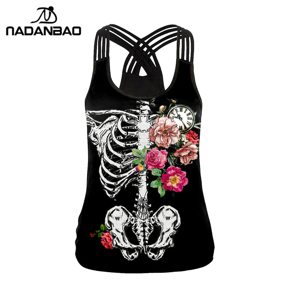 

NADANBAO Sexy Hollow Out Women Tank Tops Skull Rose 3D Print Tops Sleeveless Fitness Clothing For Woman