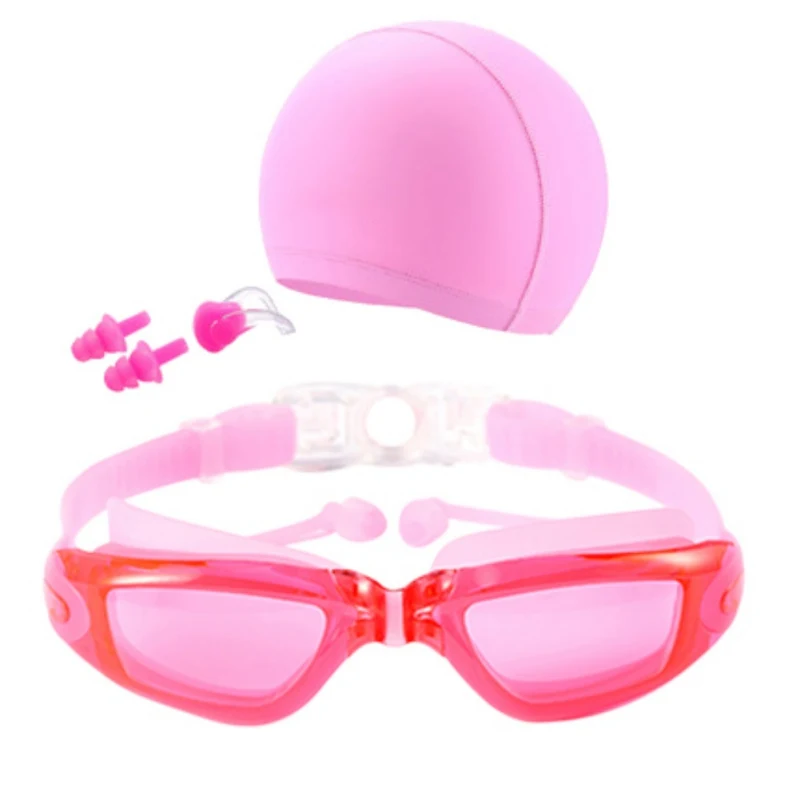 Новые унисекс высокой четкости водонепроницаемые противотуманные плавательные очки большая коробка очки, шапочка для плавания, заглушки для ушей, зажим для носа костюм три комплекта - Цвет: Transparent Pink