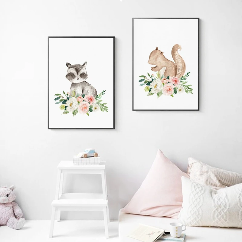 Woodland Animals Picture Canvas Art Painting Baby Girl Room Decor