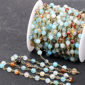 

HanKun 6mm Handcrafted Blue Round Agates Beads With Brass Wire Wrapped Rosary Chain For Making Jewelry