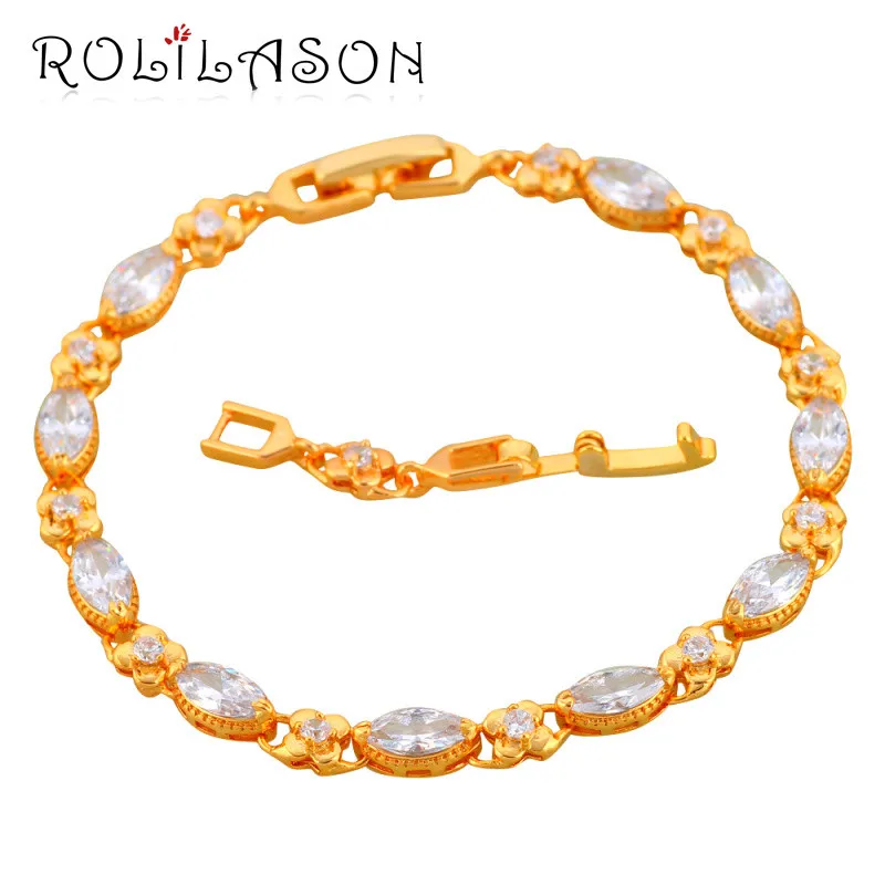 Rolilason характерные белые с украшением в виде кристаллов цвета желтого золота Браслеты для женщин вечерние брелок Модные украшения TB1116