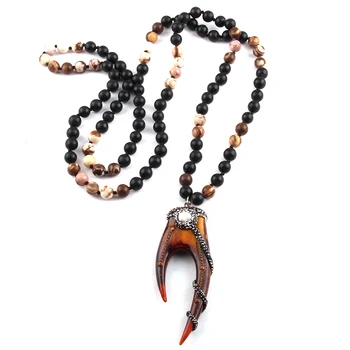 

Fashion Bohemian Jewelry 8mm 108 Bead Multi Stones Long Knotted Handmade Paved Teeth & Moon Pendant Necklaces For Women Jewelry