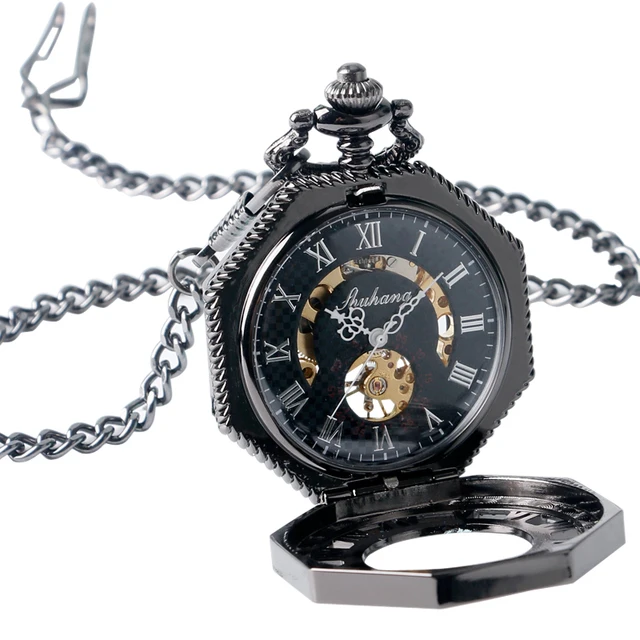 Shuhang Nero Numeri Romani Intagliare Meccanico Carica A Mano Orologio Da Tasca Shuhang Nero Numeri Romani Intagliare Meccanico Carica A Mano Orologio Da Tasca