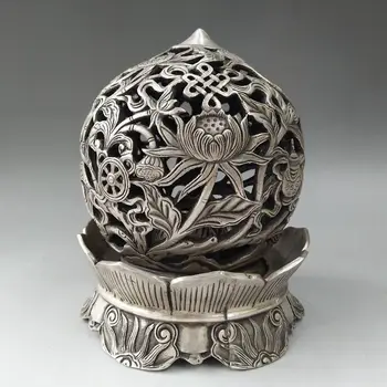 

Chinese Tibetan silver hand-carved lotus pattern hollowed-out incense burner