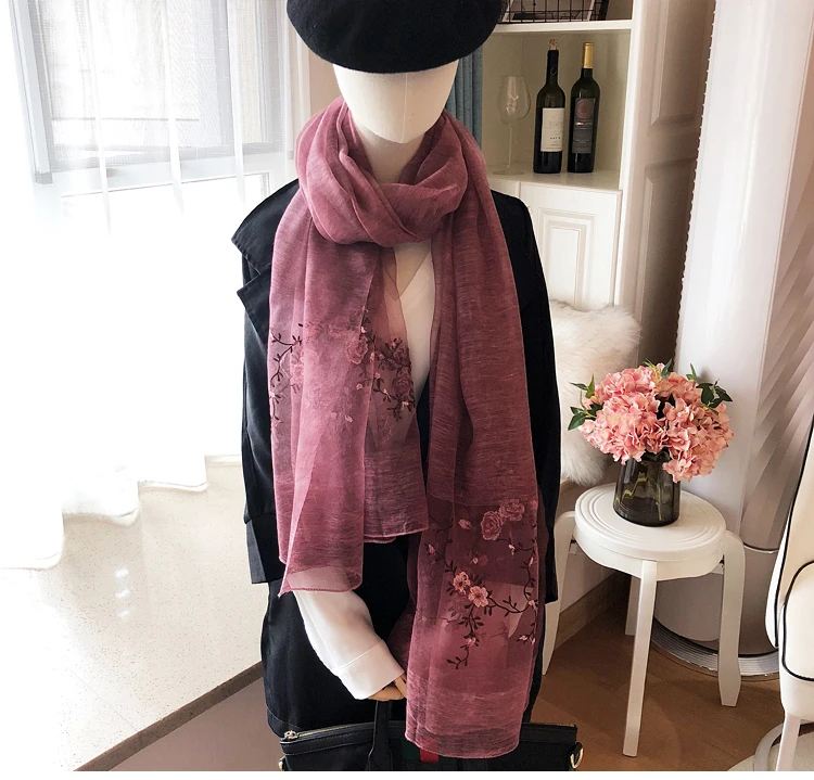 Высокое качество шелк из Ханчжоу цветок сливы вышивка серый/розовый/синий шерсть Шелковый женский шарф шаль Размер: 85*200 см(Химчистка