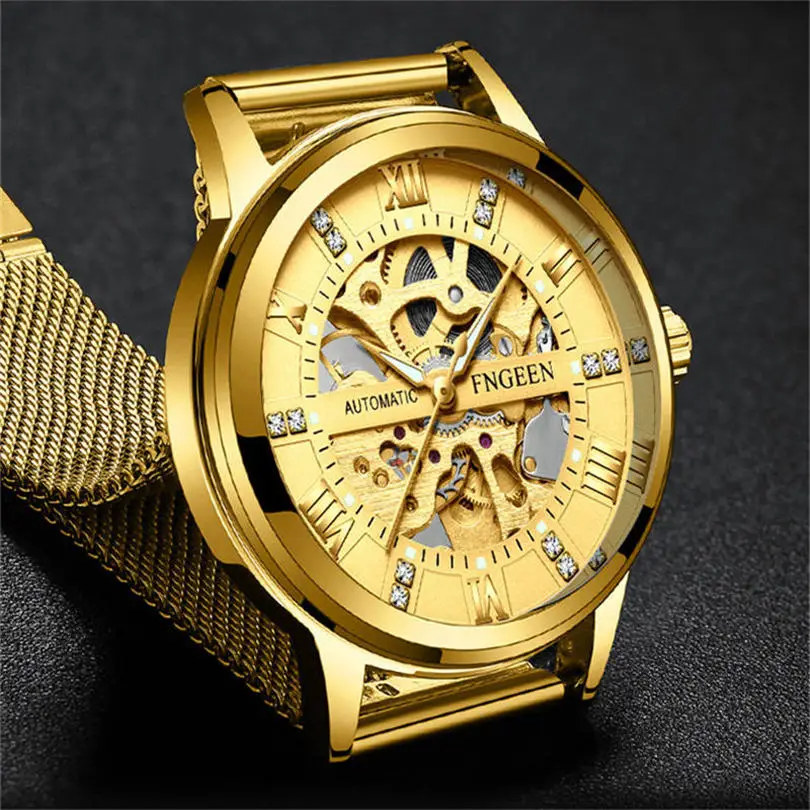 

FNGEEN Men's Watches Men Automatic Mechanical Clock Black Stainless Steel Male Wristwatch Hollow Waterproof Luminous Fashion