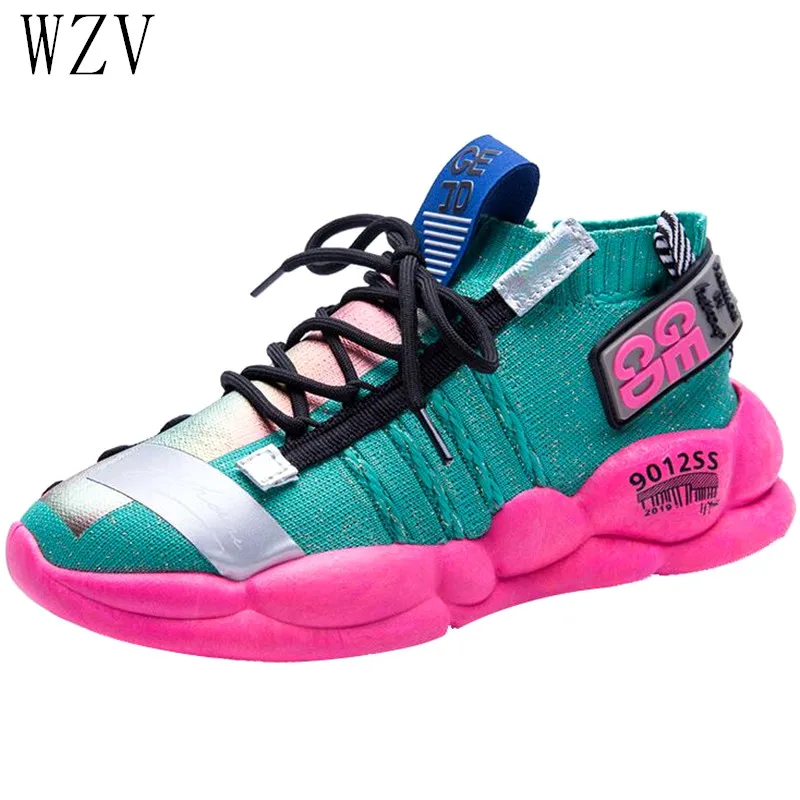 

2019 New Elastic Knitting Sneakers Women Platform Sneakers Shoes Casual Flats Breathable Soft Woman Chunky Shoes Woman H404