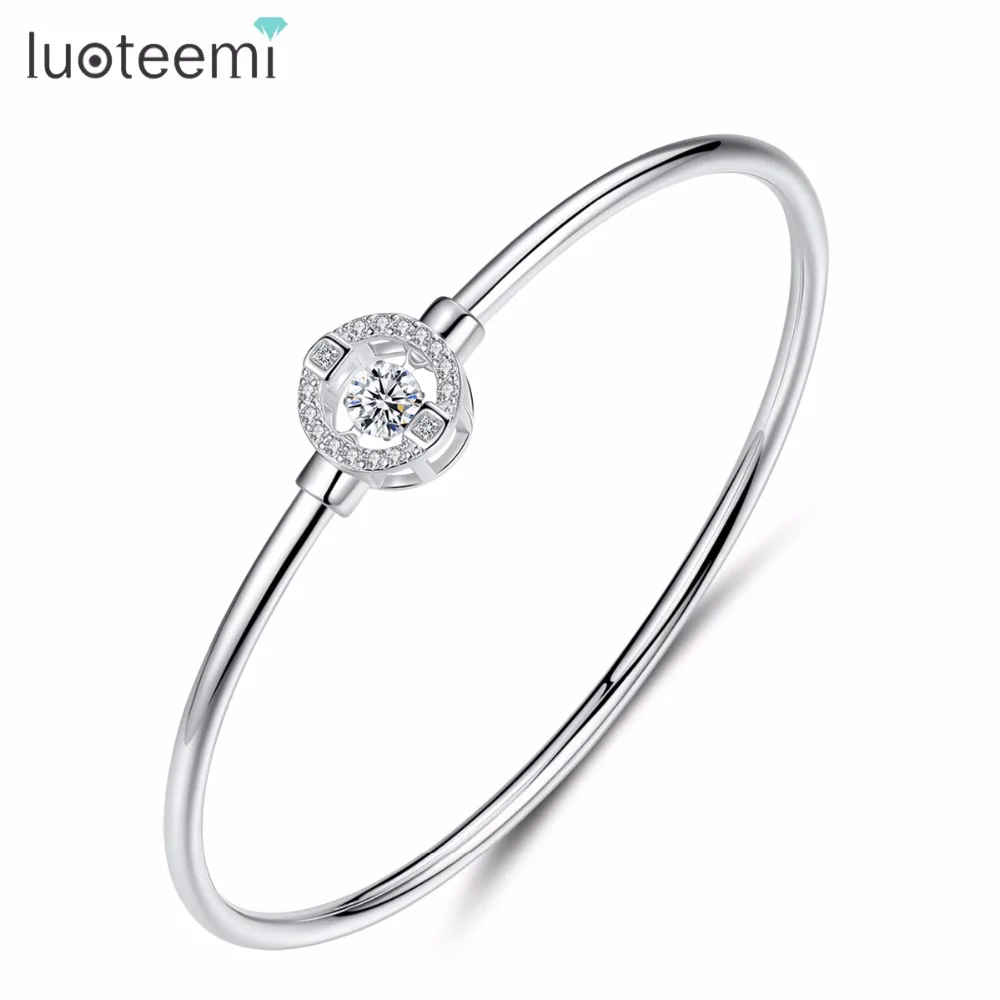 

LUOTEEMI High Quality Authentic 925 Sterling Silver Concise CZ Paved Hollow Round Shape Bangles For Women Girl Silver Accessory