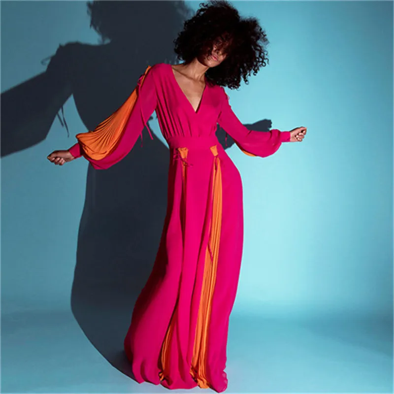2019 New Luxury Women pleated Long sleeves printed chiffon maxi dress (2)