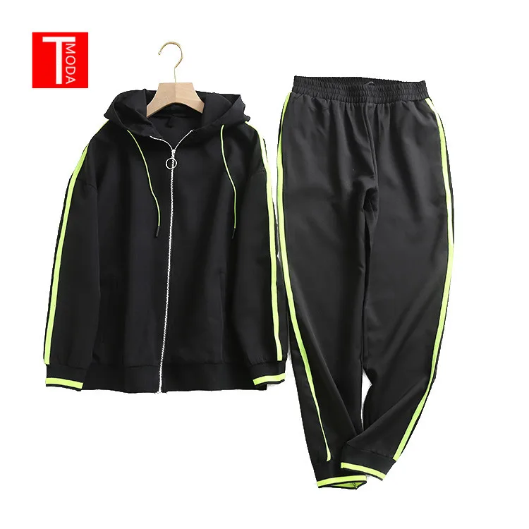 

2019 Casual Outwear Black Color Fluorescence Green Bomber Jacket Women Tops and Pencil Jogging Pants Suits Two Piece Sets