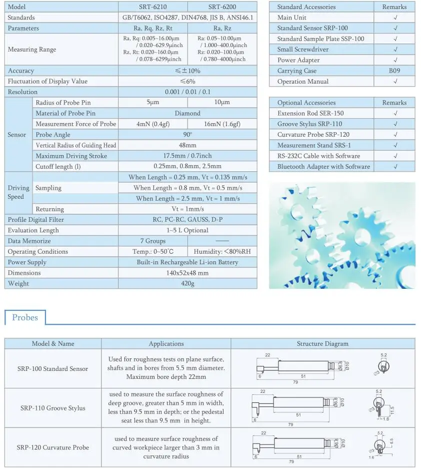 Портативный тестер шероховатости поверхности SRT-6200 Ra(0,05~ 10,00 мкм) Rz(0,020~ 100,0 мкм) шероховатости метр