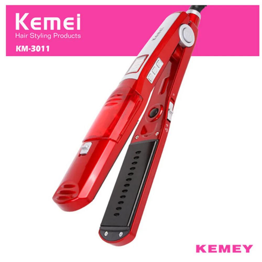 

110-240V Kemei Professional Steam Hair Flat Iron Vapor Spray Straightener Ceramic Electric Hair Straightening Brush Comb Salon