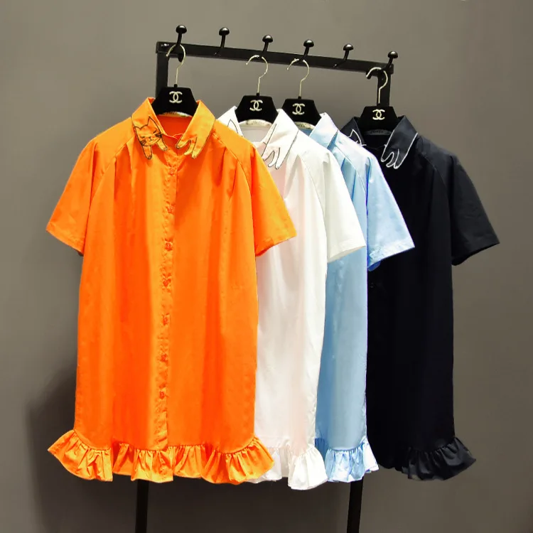 

Summer Loose Female Blouses 2018 New Medium-long Short Sleeve Students Pullovers Tops Embroidery Turn-down Collar Women's Shirts