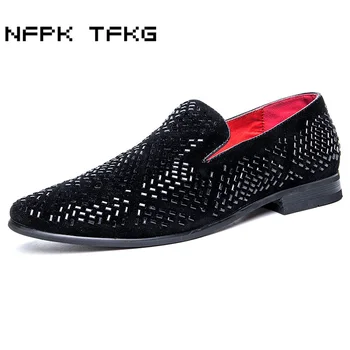 

big size men's casual breathable wedding party dress cow suede leather rhinestone shoes slip on lazy driving shoe summer loafers