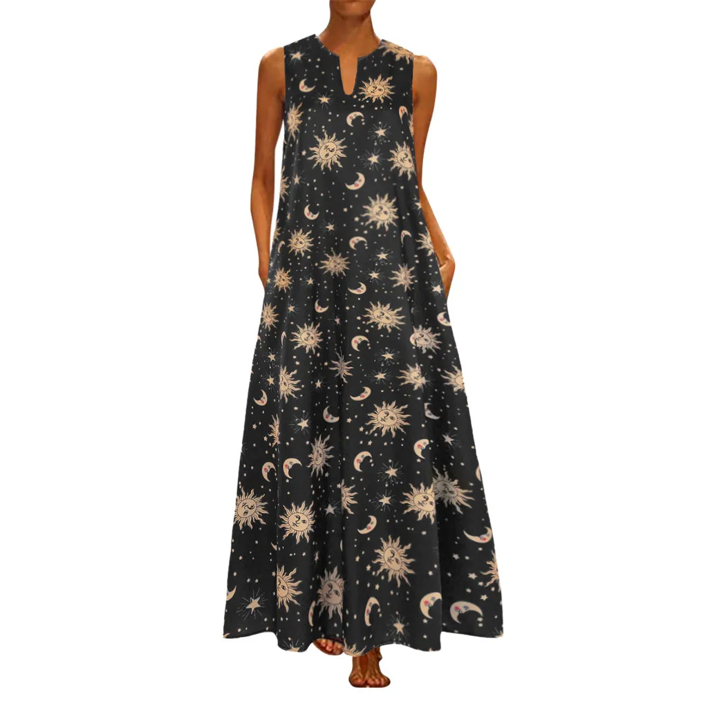 

Novel Vintage Women Plus Size Dresses Shiny Sun Stars Moon Print Dresses For Ladies Sleeveless Bohemian Cloth Girls Maxi Dress