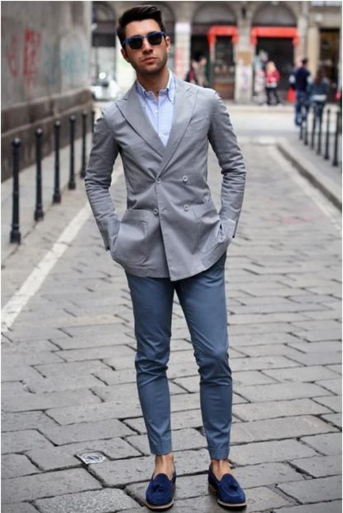 grey blazer light blue shirt