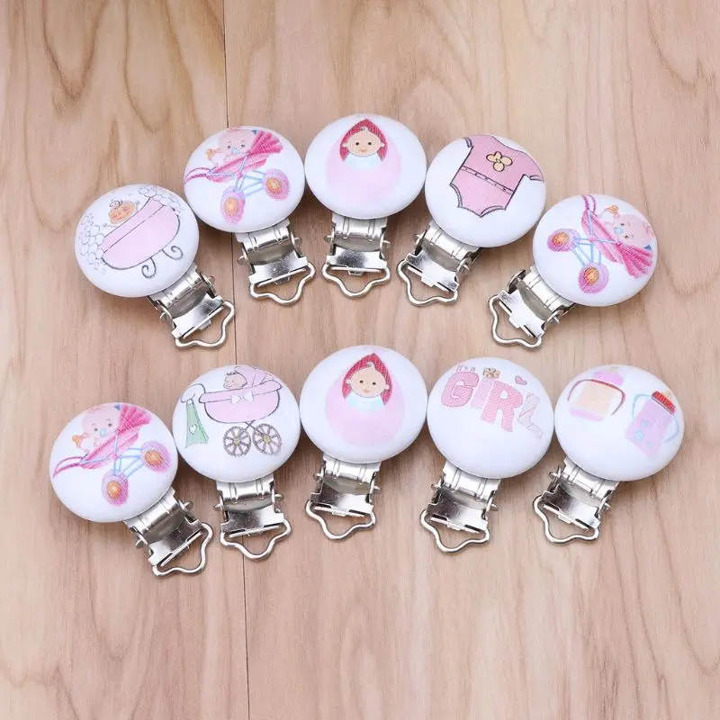 

5pcs Metal Wooden Baby Pacifier Clips Mixed Pattern Infant Soother Clasps Holder Baby Gift Random delivery