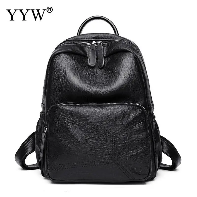 YYW Большой Вместительный рюкзак для женщин Подростковая дорожная сумка для девочек школьная сумка однотонный кожаный рюкзак черная Лоскутная сумка на молнии - Цвет: black
