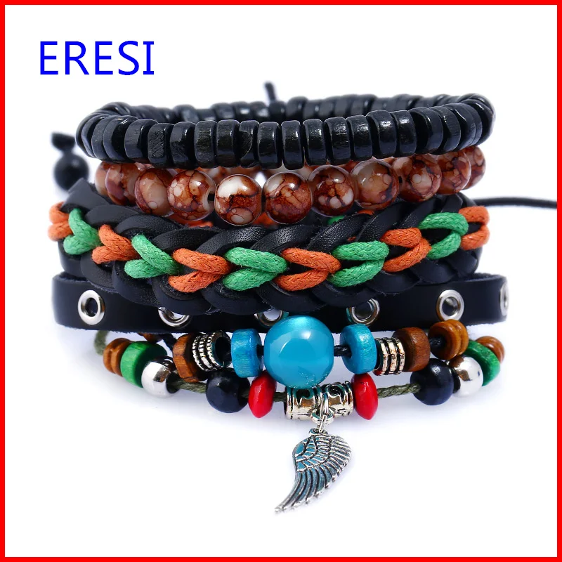 Wholesale 4 pieces per set bracelet With Vintage Wing Charm Leather