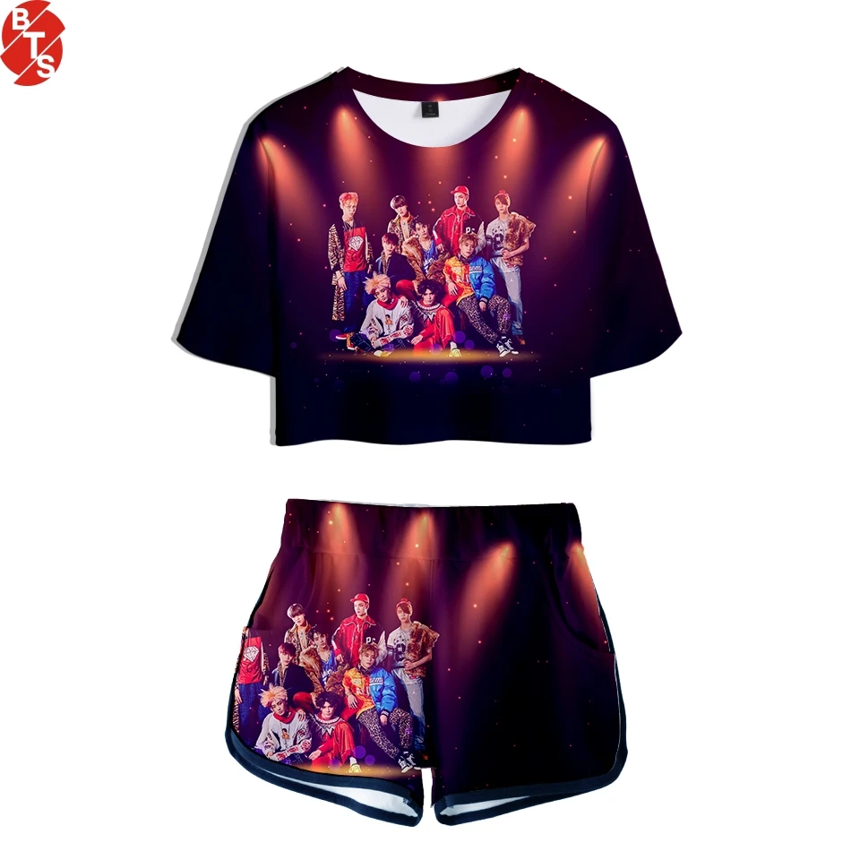 NCT/2018 летняя футболка с принтом из двух частей, Модный комплект для девушек с короткими рукавами телесного цвета + шорты