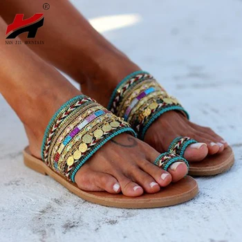 

NAN JIU MOUNTAIN Summer Sandals Women Bohemian Fame Style Metal Decoration Colorblocking Flat Toe Slippers Plus Size 34-44