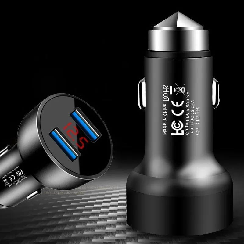 Автомобильное зарядное устройство USB, зарядное устройство для мобильного телефона, 5 В, 3,4 А, металлический защитный молоток, двойной USB, универсальное автомобильное зарядное устройство, адаптер, 2 порта, быстрое автомобильное зарядное устройство