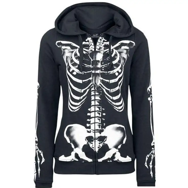 black hoodie Темно-Готическая толстовка с капюшоном с принтом скелета Poleron Mujer Harajuku панк Женская толстовка на молнии 5xl плюс Размер Толстовка со шнуровкой - Цвет: black hoodie