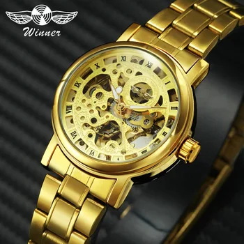 

WINNER Golden Luxury Women Watches Full Stainless Steel Automatic Mechanical Wrist Watches Roman Number Skeleton Ladies Clock