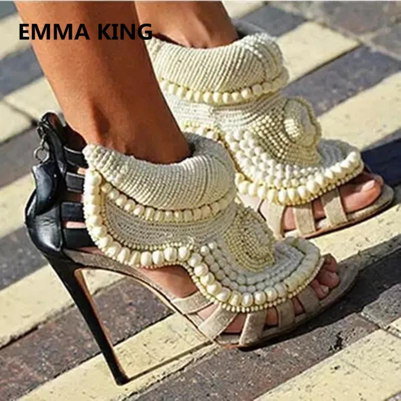 

Handmade Pearls Women's Gladiator Sandals Open Toe Hollow Ladies Summer Ankle Boots Party Wedding High Heel Shoes Woman Sandals