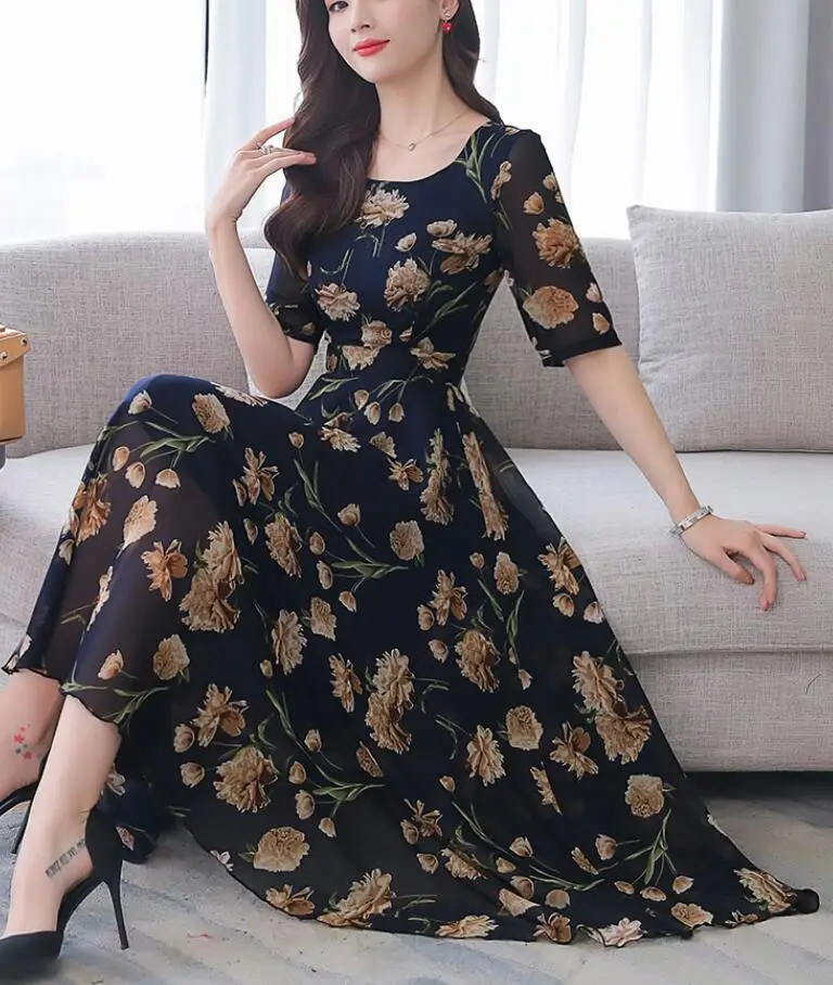 

High quality 2019 Summer New Arrival Plus Size S-XXXL Elegant Round Collar Short Sleeve Flower Printed Woman Long Chiffon Dress