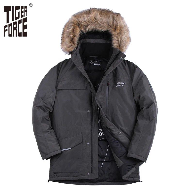 TIGER FORCE 2017 Новиника Зимняя Куртка Мужская Бренд Зимнее Пальто Парка Серый Длинные