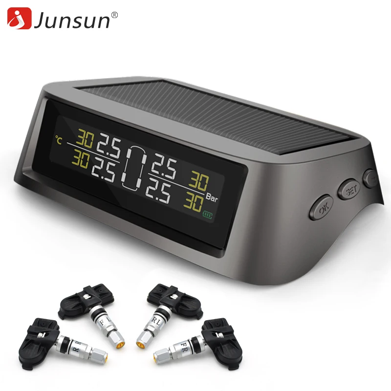 

Junsun Solar Power TPMS Tire Pressure Alarm Monitor System Shock 4 Internal / External Sensor Wireless Color Digital Screen