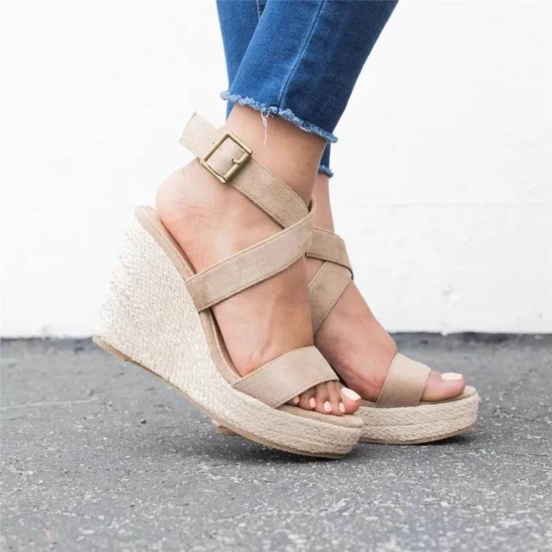 Leopard Wedge Sandals Summer Peep Toe Flock Buckle Strap Women Platform Espadrilles Sandal Plus Size 43 High Heels Shoes Female  (1)