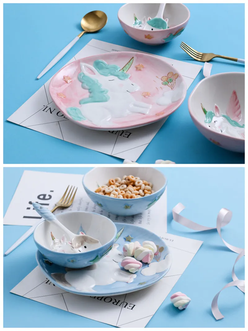 Мультяшная детская посуда Единорог паста тарелка чаши для риса и супа лоток ложка керамическая десертная посуда ручная роспись посуда полный набор