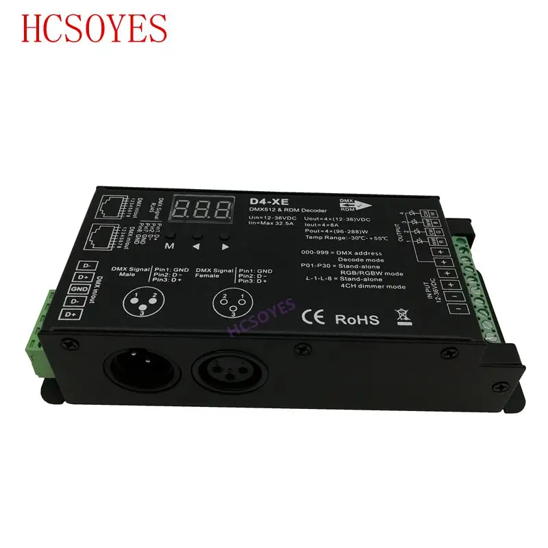 D4-XE 4 channel PWM constant voltage DMX decoder with digital display XLR3 and RJ45 port DC12-36V input;8A*4CH D4-XE 4 channel PWM constant voltage DMX decoder with digital display XLR3 and RJ45 port DC12-36V input;8A*4CH