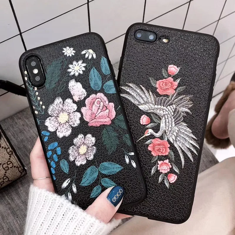 

3D Luxury Handmade Embroidery Bird Flowers Cartoon Phone Case For iPhone7 6 6 S Plus 8 8Plus Back Cover For iphone X10 case