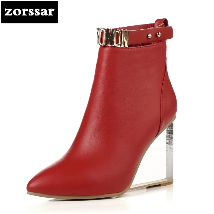 

{Zorssar} 2018 Pointed toe Wedges ankle boots women Genuine Leather High Heels platform Boots Women Autumn winter shoes Big Size