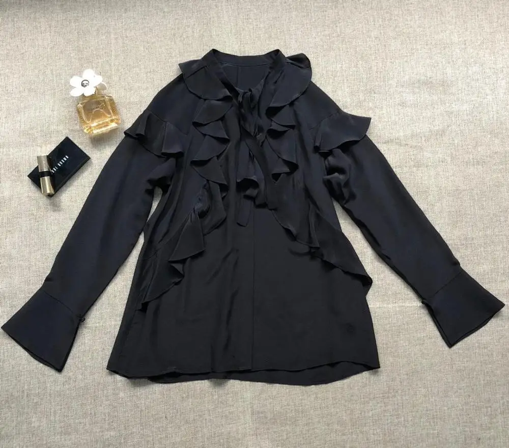 

2019 new ladies fashion long-sleeved sexy stitching ruffled silk shirt 0711
