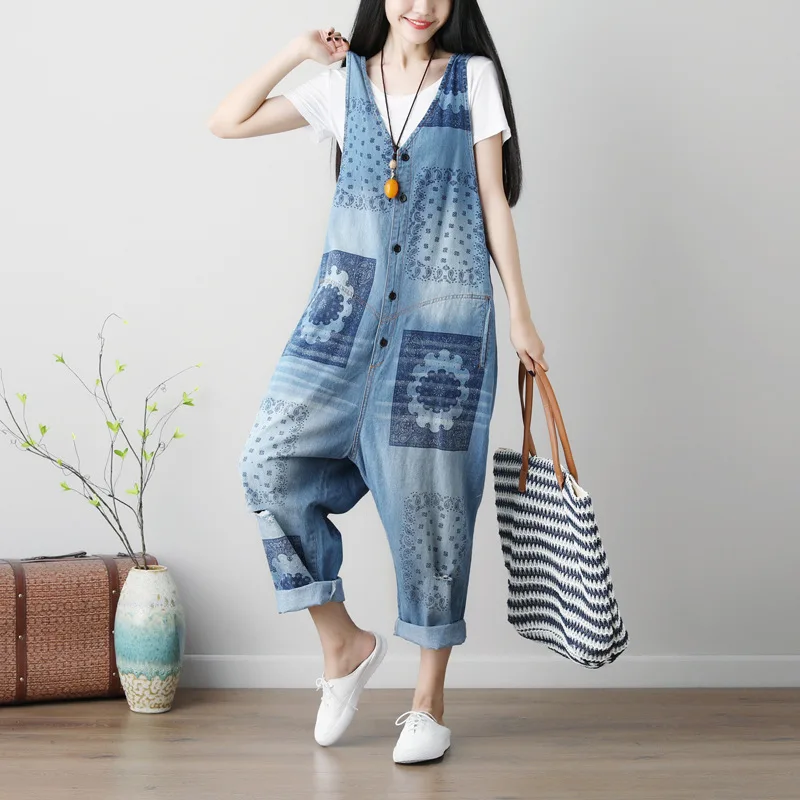 

Johnature 2019 Autumn Womens Button Jumpsuits Casual Loose Comfortable Floral Print Sleeveless Waterwash Women Denim Jumpsuit