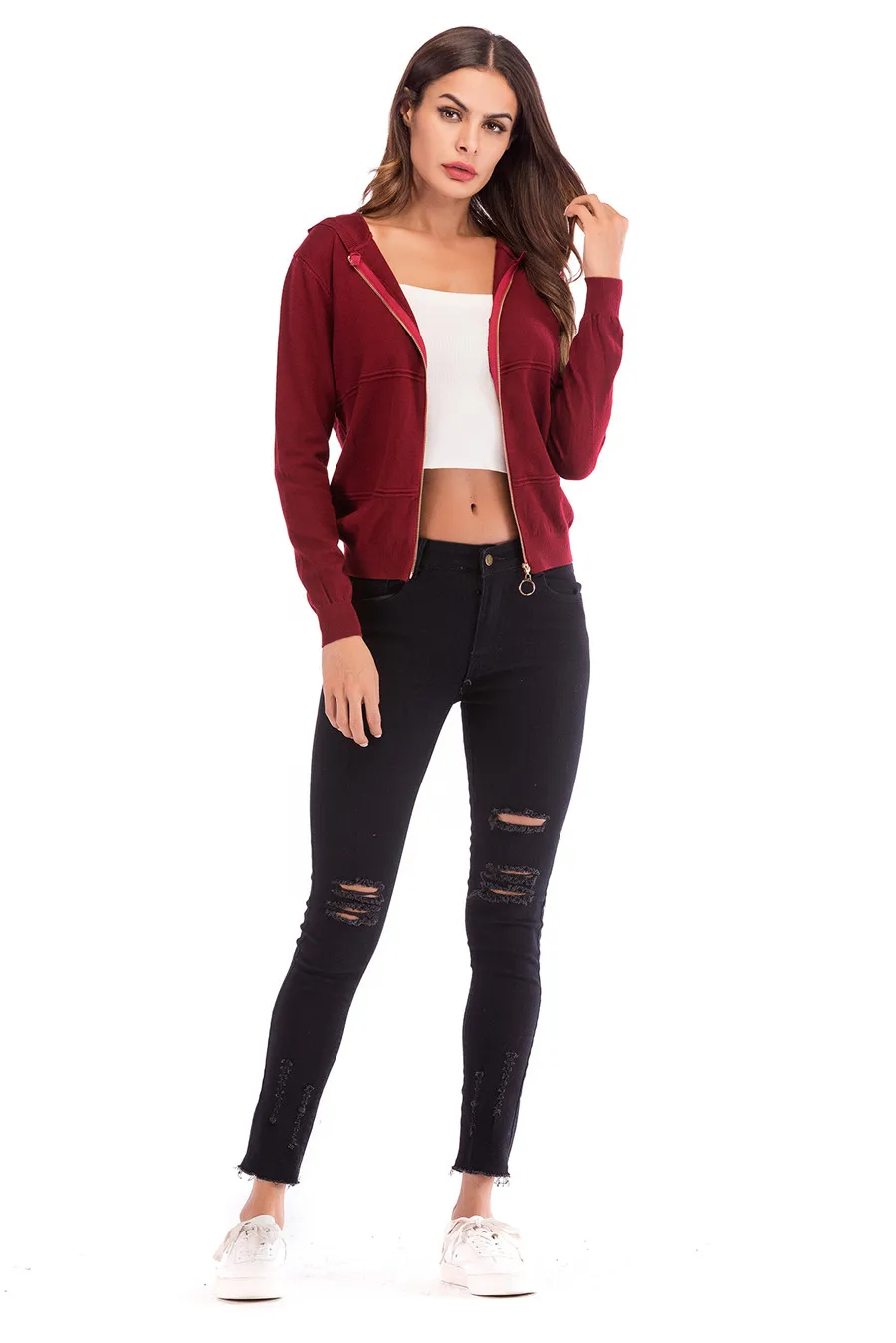 Gladiolus 2018 Knitted Women Autumn Coat Long Sleeve Winter Red Slim Zipper Hooded Women Jacket Fashion Ladies Coats Outerwear (24)