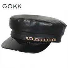 COKK, Кожаная шапка, женская, черная, осень, зима, шапки для мужчин и женщин, плоская верхняя часть, военная шапка, Золотая цепочка, из искусственной кожи, для девушек, Gorras